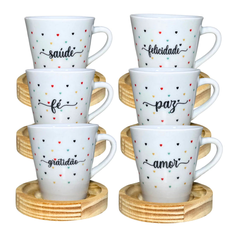 JOGO XÍCARAS PALAVRAS. UM CAFÉ E UMA PALAVRA DE CARINHO! KIT COM 6 XÍCARAS E 6 PIRES